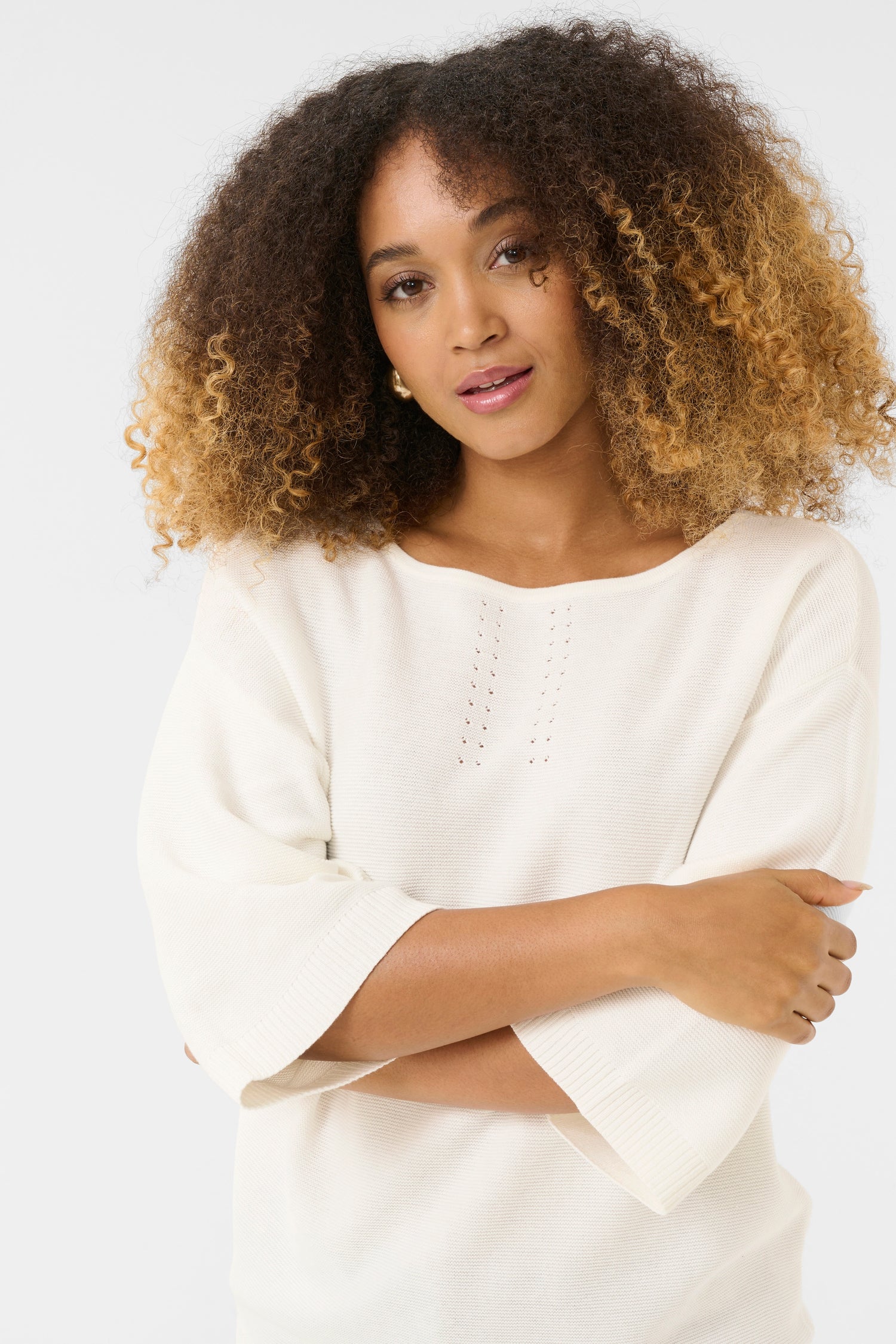 Cream Sillar Loose Knit 3/4 Sleeve Pullover