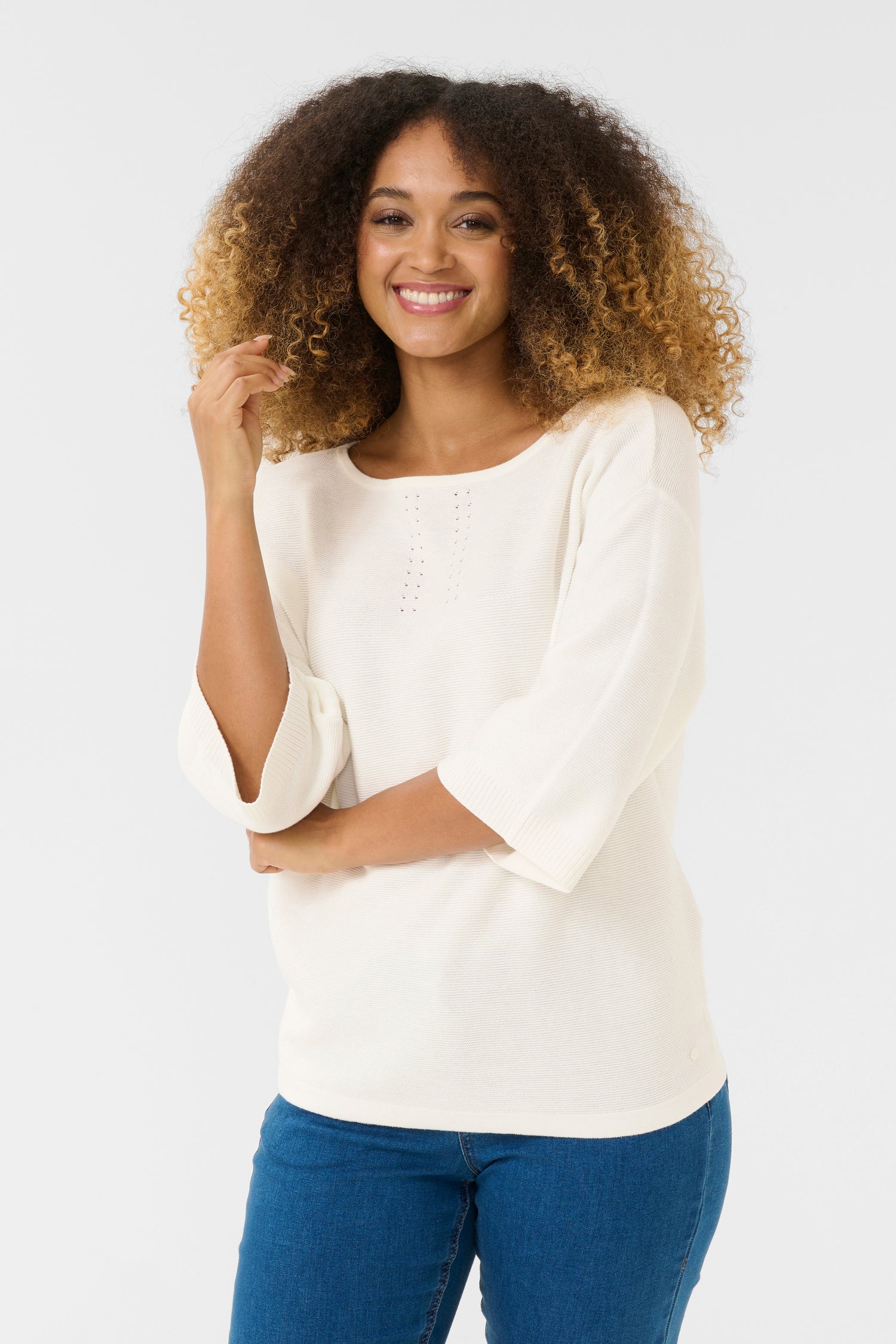 Cream Sillar Loose Knit 3/4 Sleeve Pullover