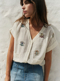 Indi & Cold V-Neck Short Sleeve Cotton Blouse With Embroidery