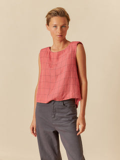 Indi & Cold Windowpane Checked Linen Sleeveless Shell