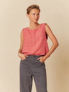 Indi & Cold Windowpane Checked Linen Sleeveless Shell