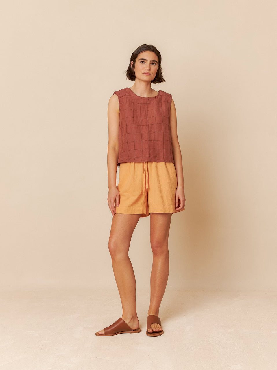 Indi & Cold Windowpane Checked Linen Sleeveless Shell