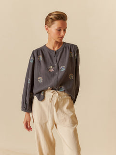 Indi & Cold Mandarin Collar Cotton Blouse With Embroidery