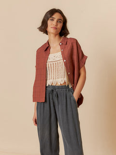 Indi & Cold Windowpane Checked Collared Linen Blouse