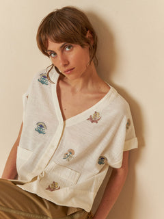 Indi & Cold V-Neck Short Sleeve Cotton Blouse With Embroidery