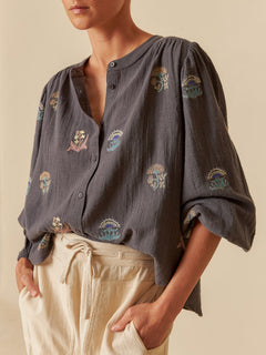 Indi & Cold Mandarin Collar Cotton Blouse With Embroidery