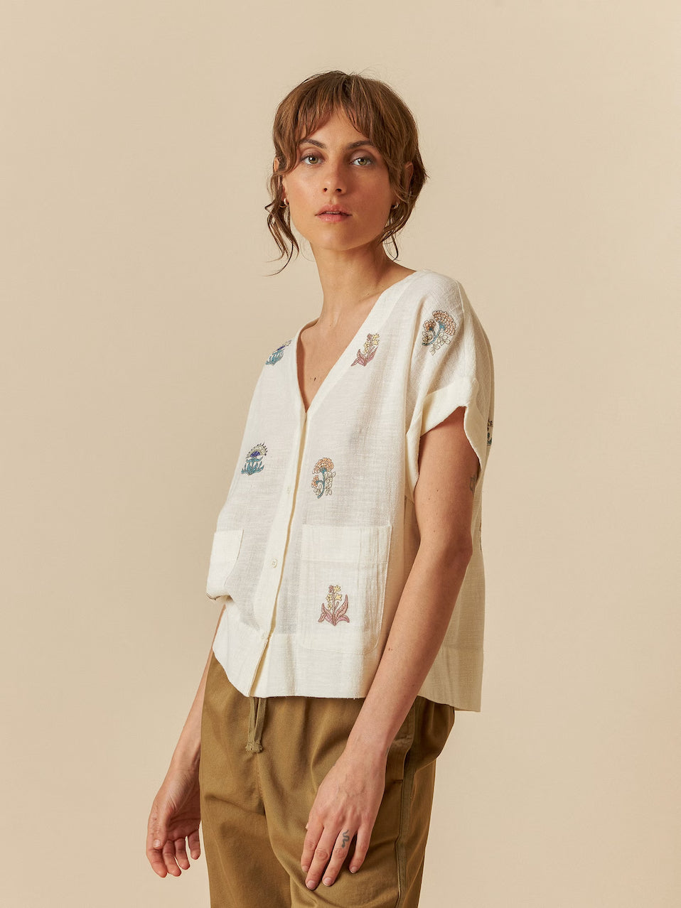 Indi & Cold V-Neck Short Sleeve Cotton Blouse With Embroidery