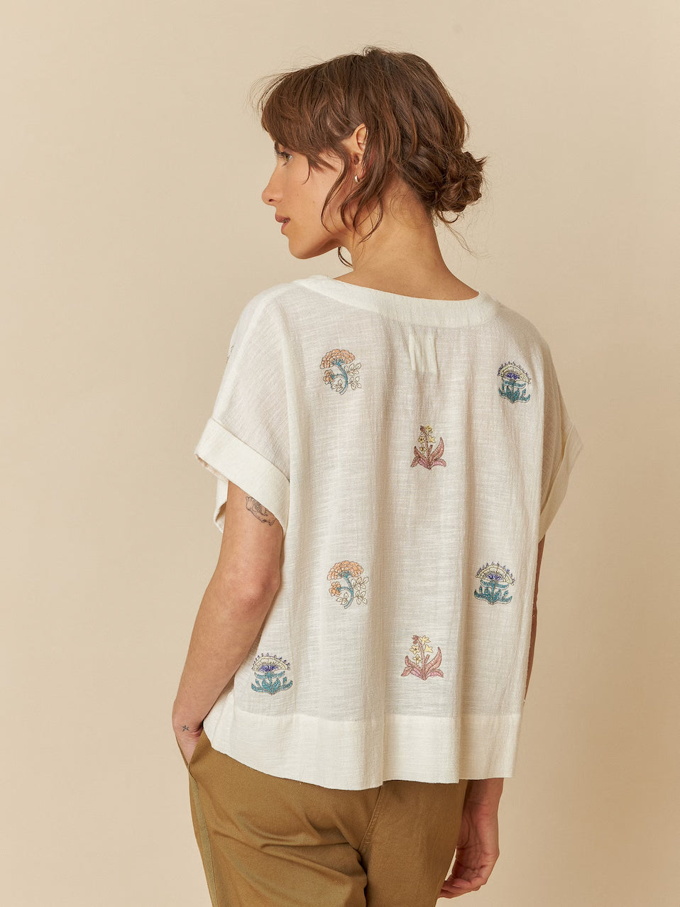 Indi & Cold V-Neck Short Sleeve Cotton Blouse With Embroidery