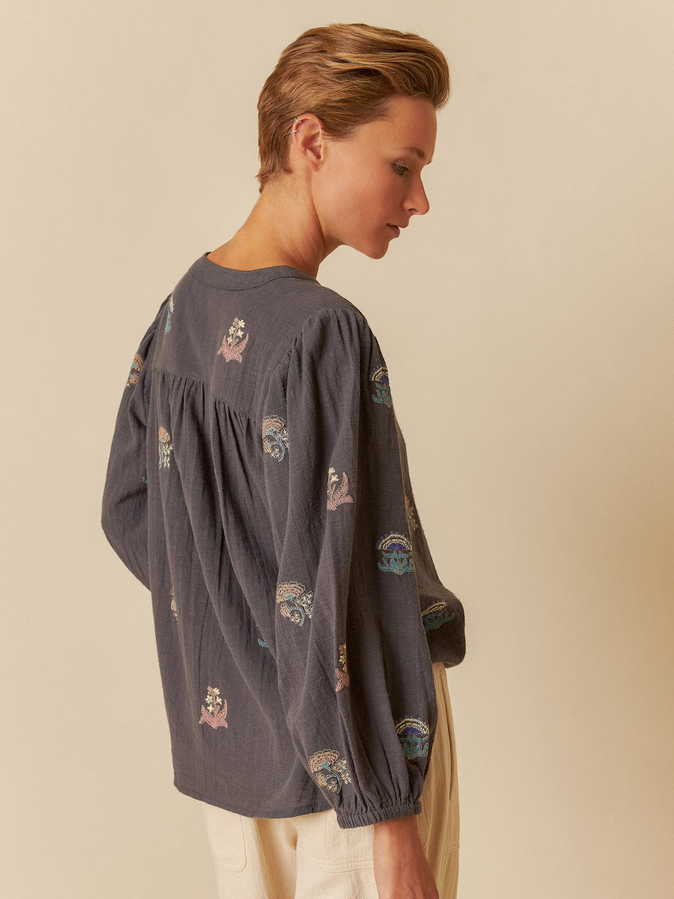 Indi & Cold Mandarin Collar Cotton Blouse With Embroidery