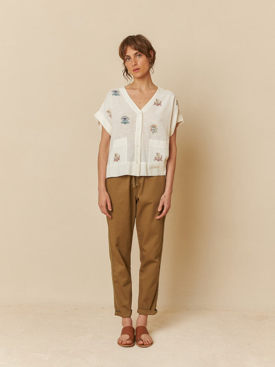 Indi & Cold V-Neck Short Sleeve Cotton Blouse With Embroidery