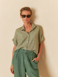 Indi & Cold Windowpane Checked Collared Linen Blouse