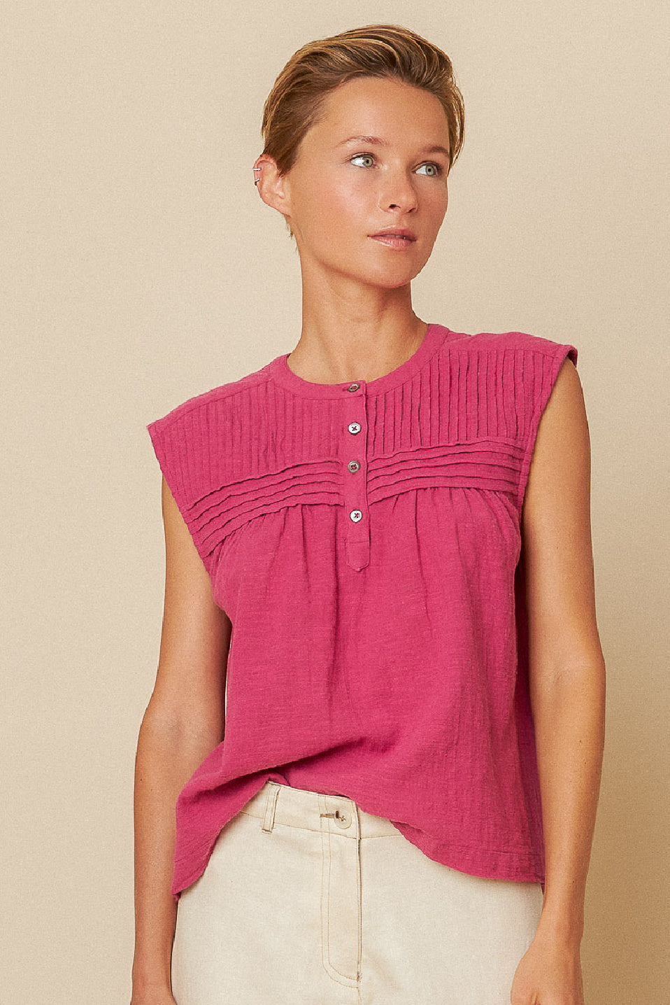 Indi & Cold Pintucked Yoke Sleeveless Blouse