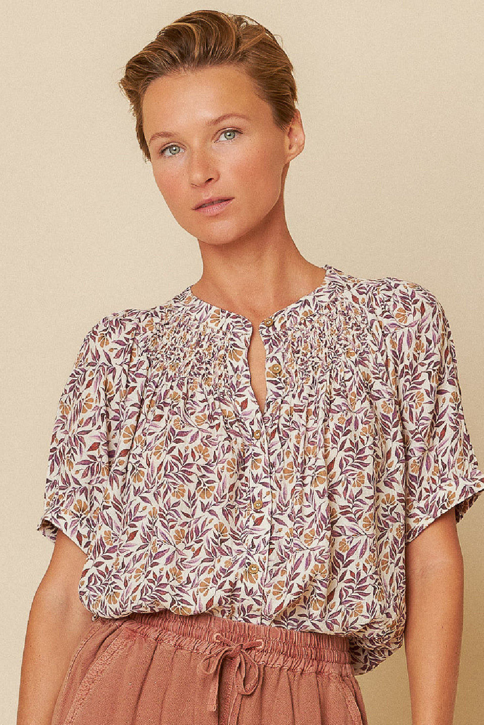 Indi & Cold Ruched Yoke Print Blouse