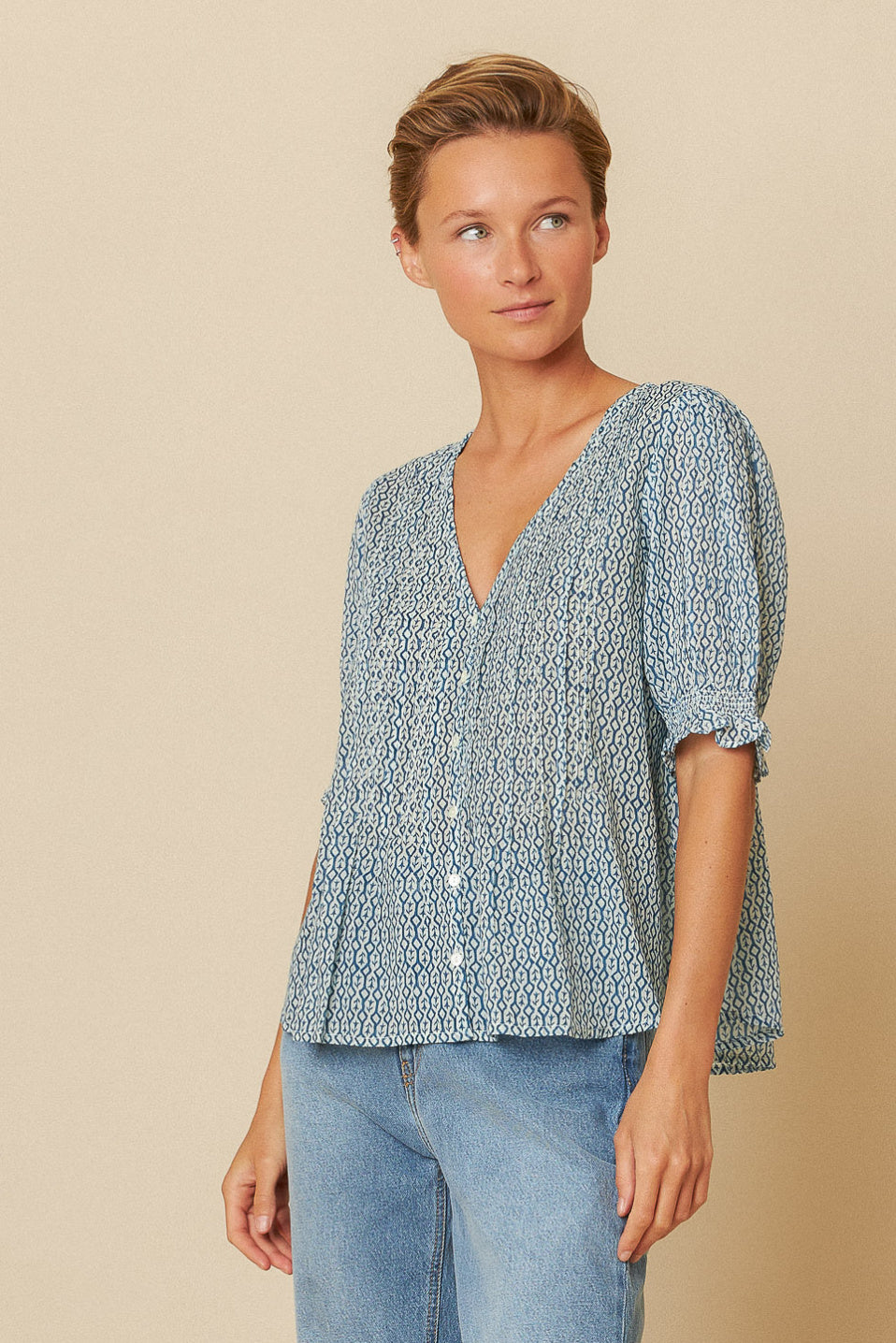 Indi & Cold V-Neck Half Sleeve Voile Blouse