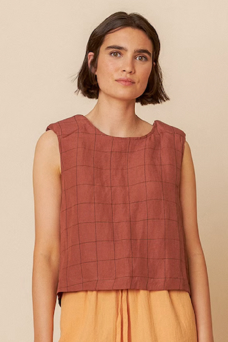 Indi & Cold Windowpane Checked Linen Sleeveless Shell