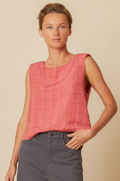 Indi & Cold Windowpane Checked Linen Sleeveless Shell