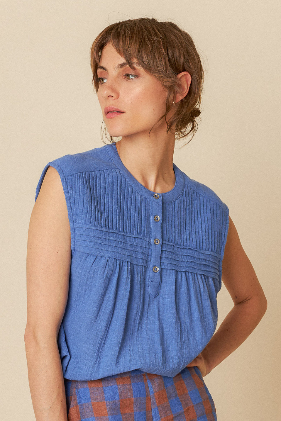 Indi & Cold Pintucked Yoke Sleeveless Blouse