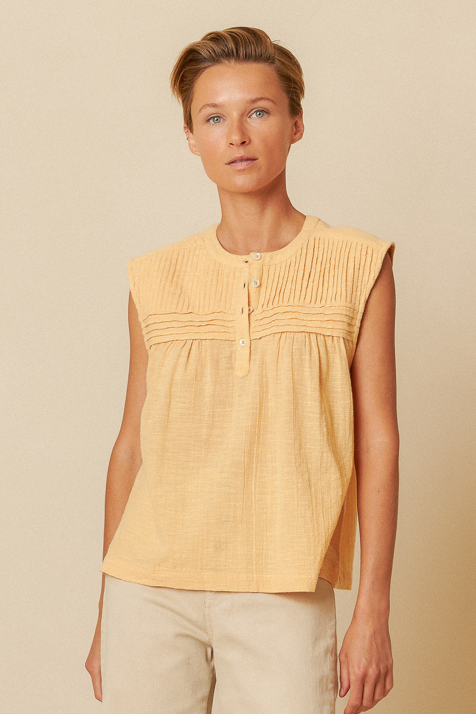 Indi & Cold Pintucked Yoke Sleeveless Blouse