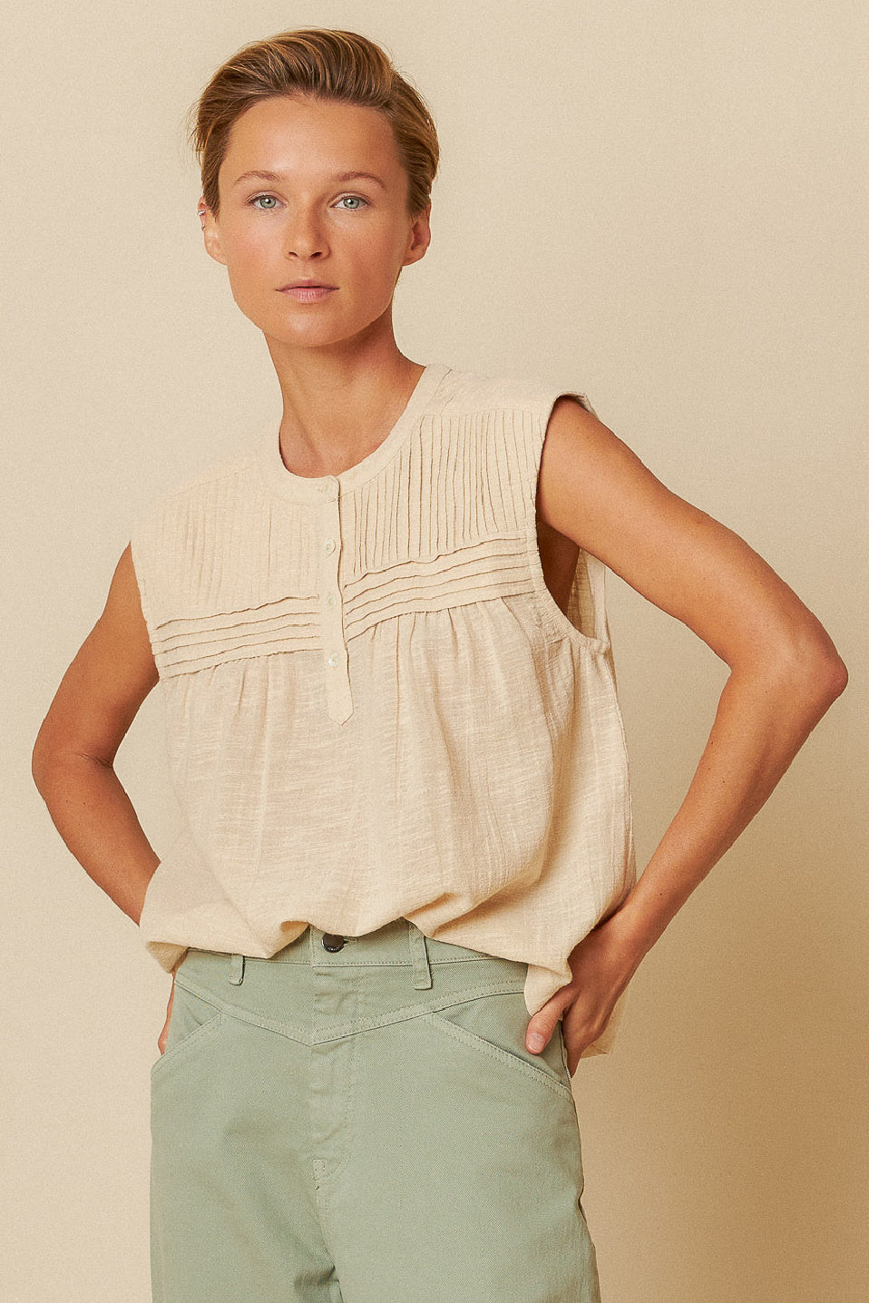 Indi & Cold Pintucked Yoke Sleeveless Blouse