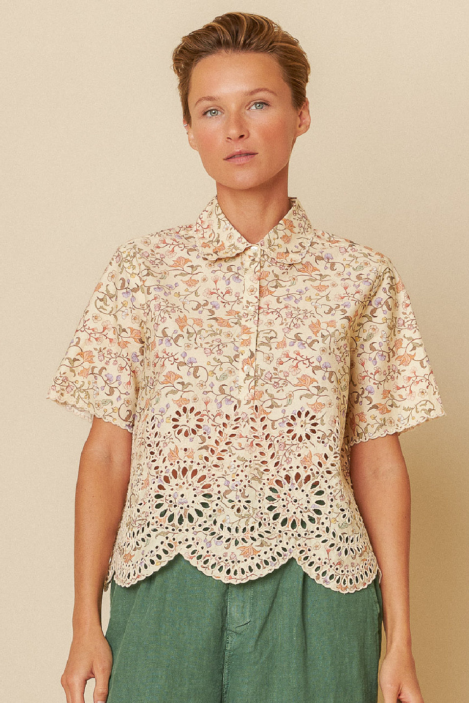 Indi & Cold Printed Blouse With Eyelet Hemline