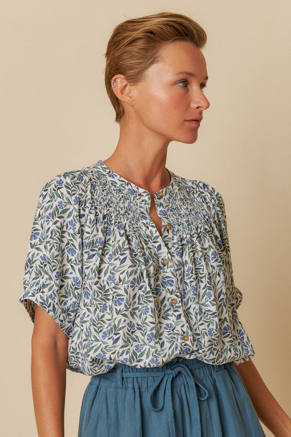 Indi & Cold Ruched Yoke Print Blouse