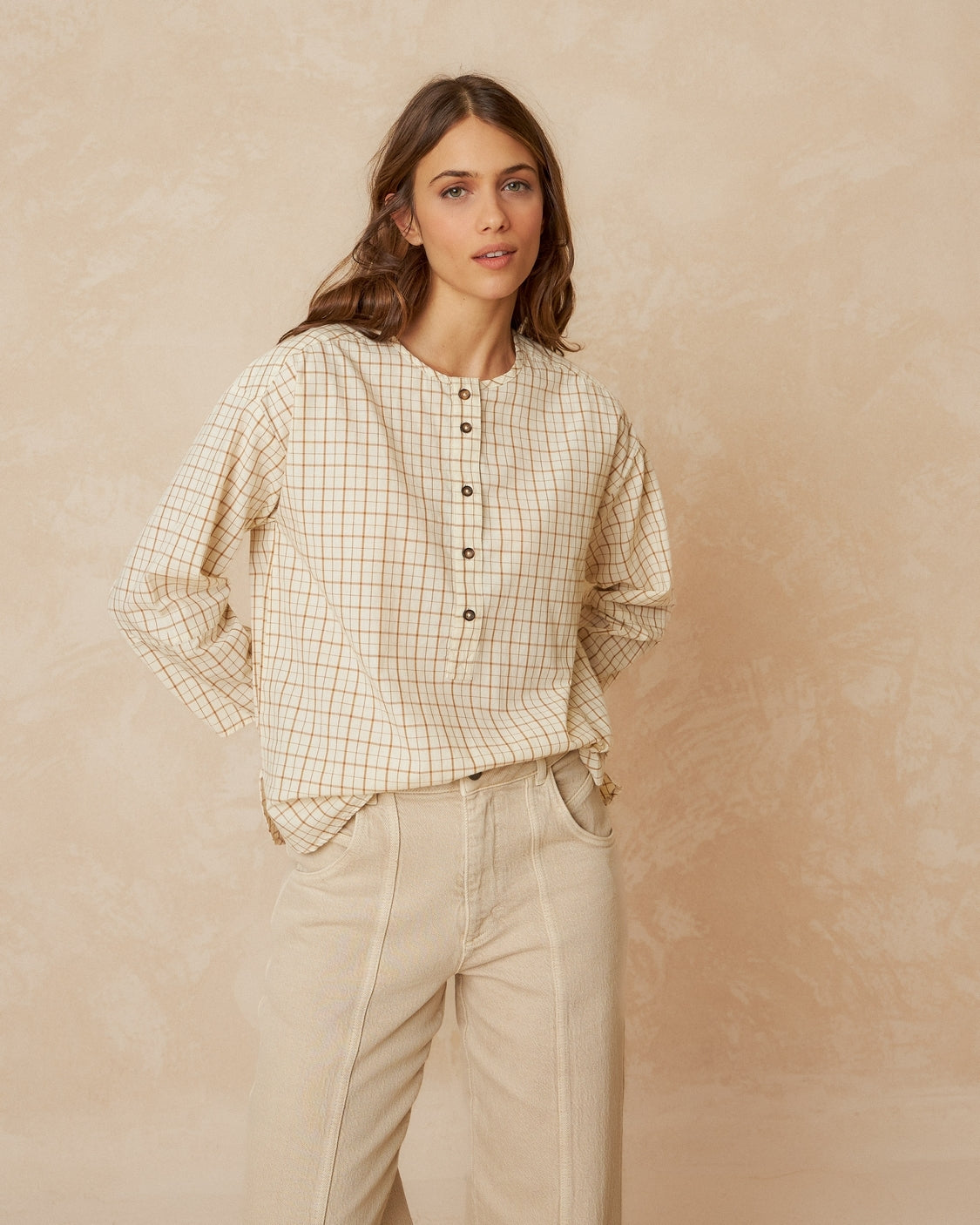 Indi & Cold Plaid Henley Style Cotton Blouse