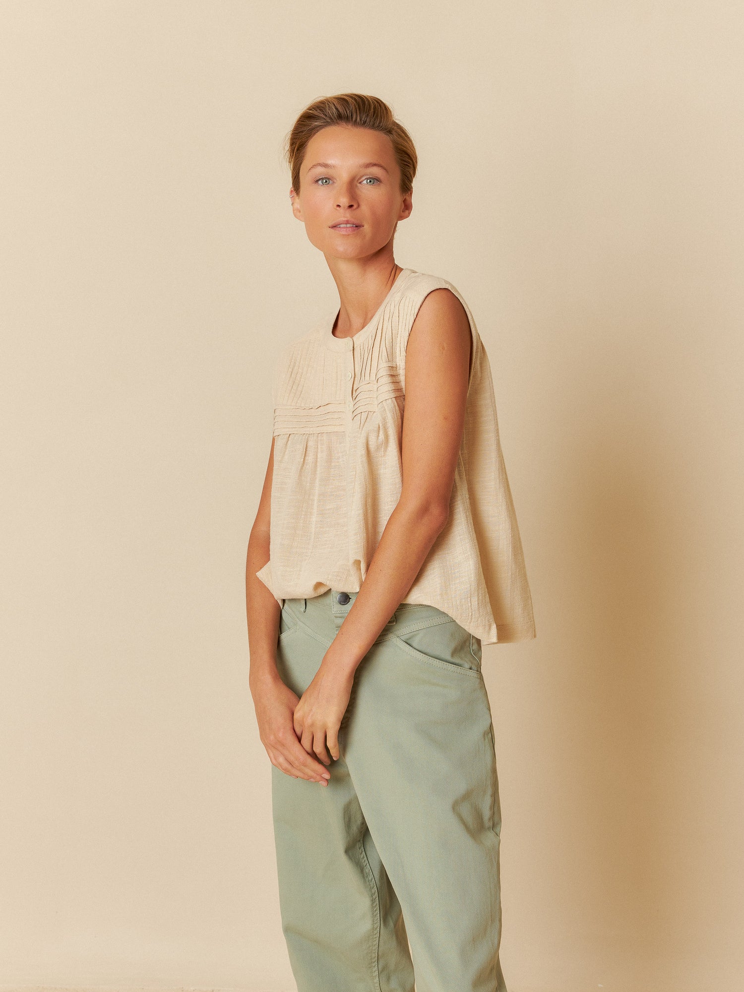 Indi & Cold Pintucked Yoke Sleeveless Blouse