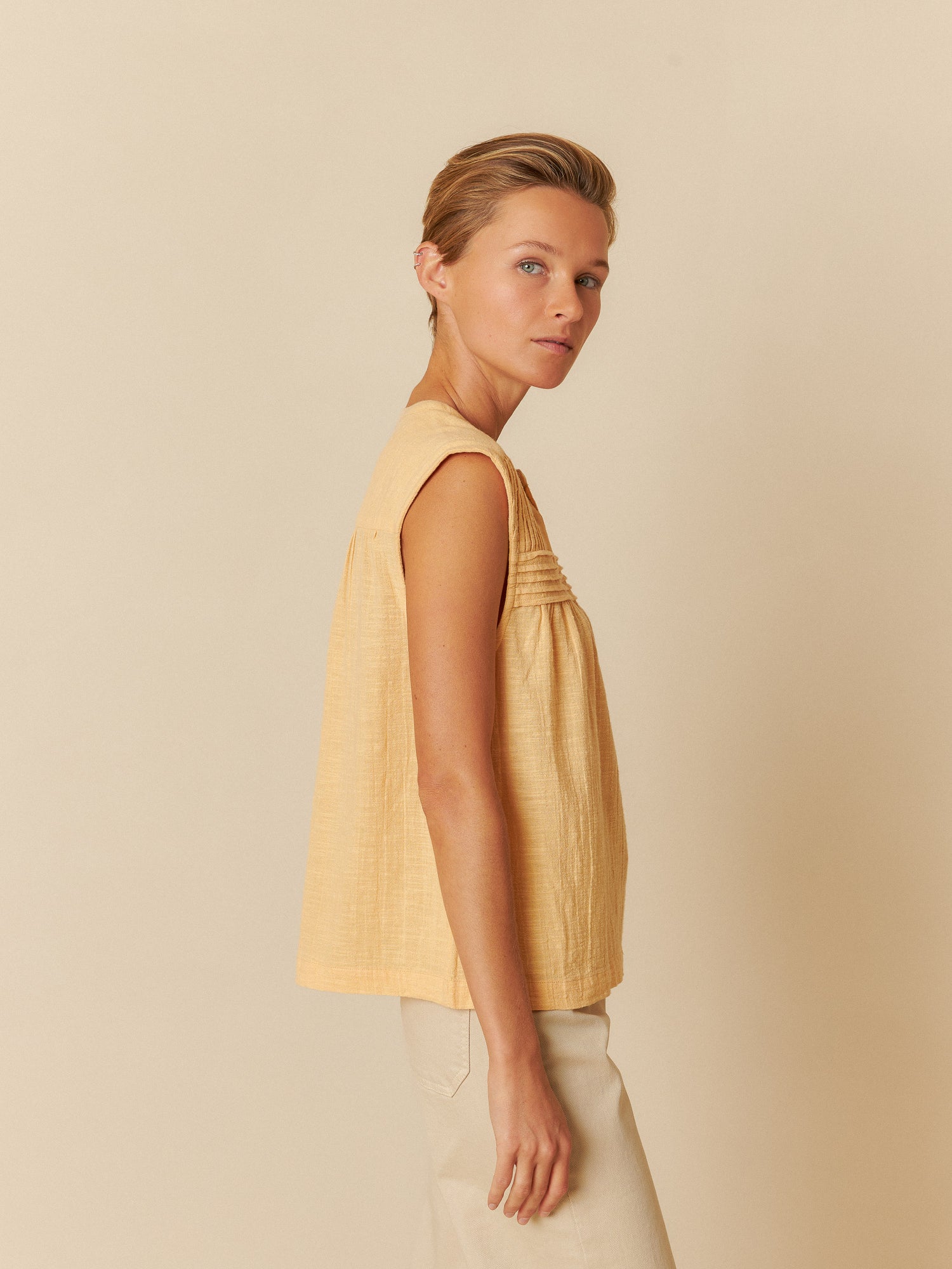 Indi & Cold Pintucked Yoke Sleeveless Blouse