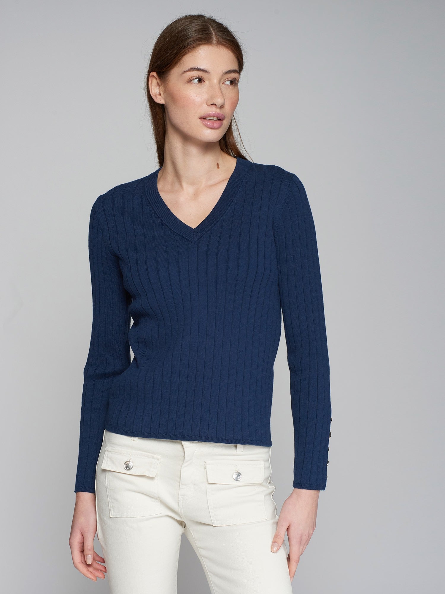 Vilagallo Cotton Button Cuff V-Neck Sweater